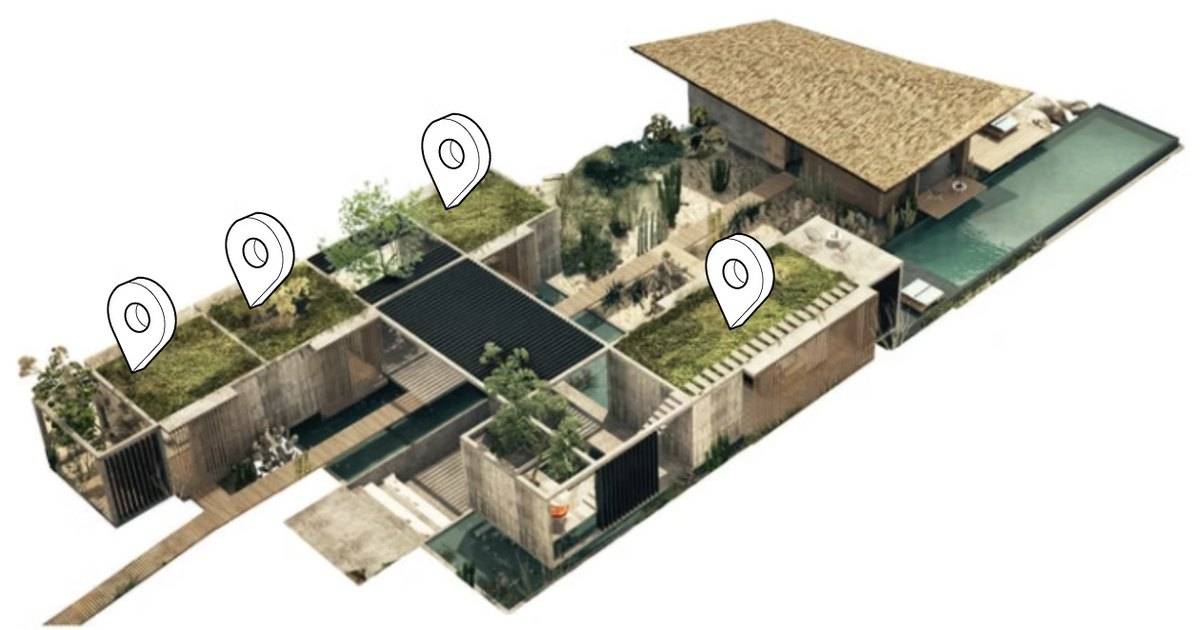 Vista aérea de Casa Malandra con la ubicación de las cuatro habitaciones
